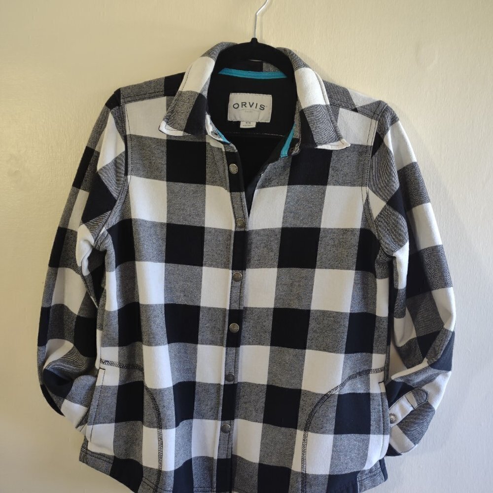 ORVIS Women's Flannel Jacket Medium Snaps Buffalo Plaid Utility Cabin Rustic